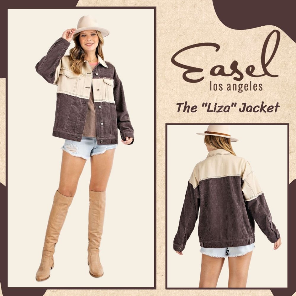EASEL Mix Fabrication Color Block Button Up Jacket Raw & Frayed Details Pockets